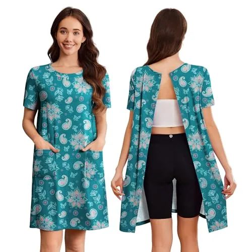 Women's Open-Back Nightgown V, Dark Green Print
