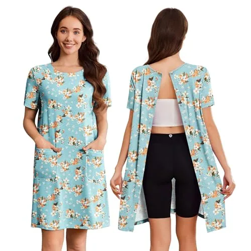 Women's Short-Sleeve Open-Back Dress, Green Print