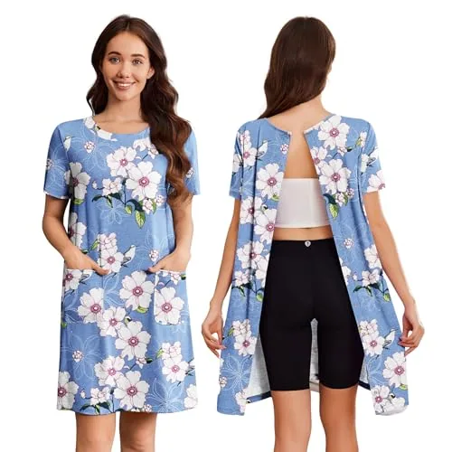 Women's Open-Back Nightgown V, Light Blue Print